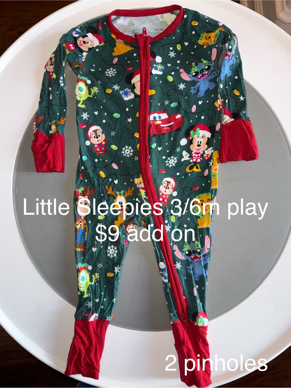 Little Sleepies Green Holiday Disney Character Zip Convertible Pajamas Red Trim
